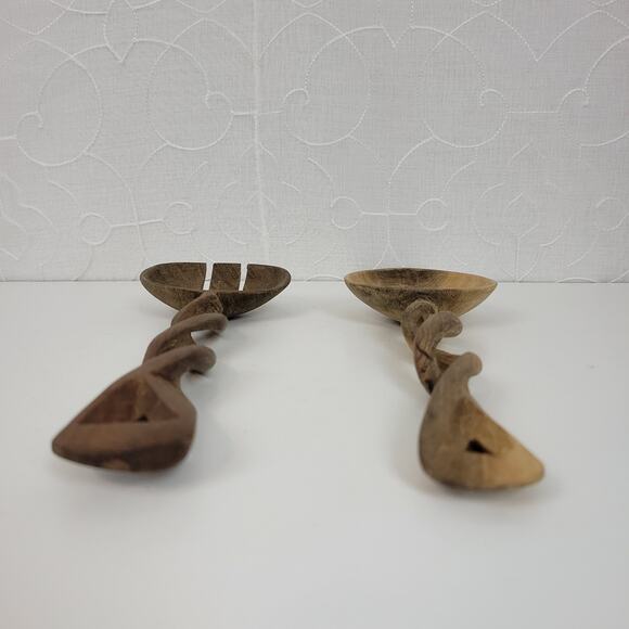 Hand Carved Wooden Salad Servers Set African Tribal Twisted Olive Wood Design - Picture 6 of 11
